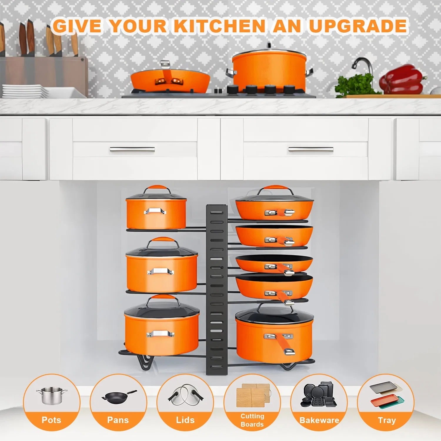 Pot Organizer Rack 8 Tiers Pots And Pans Organizer, Pot Lid Organizer For Kitchen Cabinet Cookware Organizers And Storage,Upgraded
